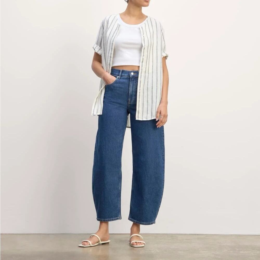 Everlane The Bib Shirt in Linen Small NWT Bone Navy Stripe